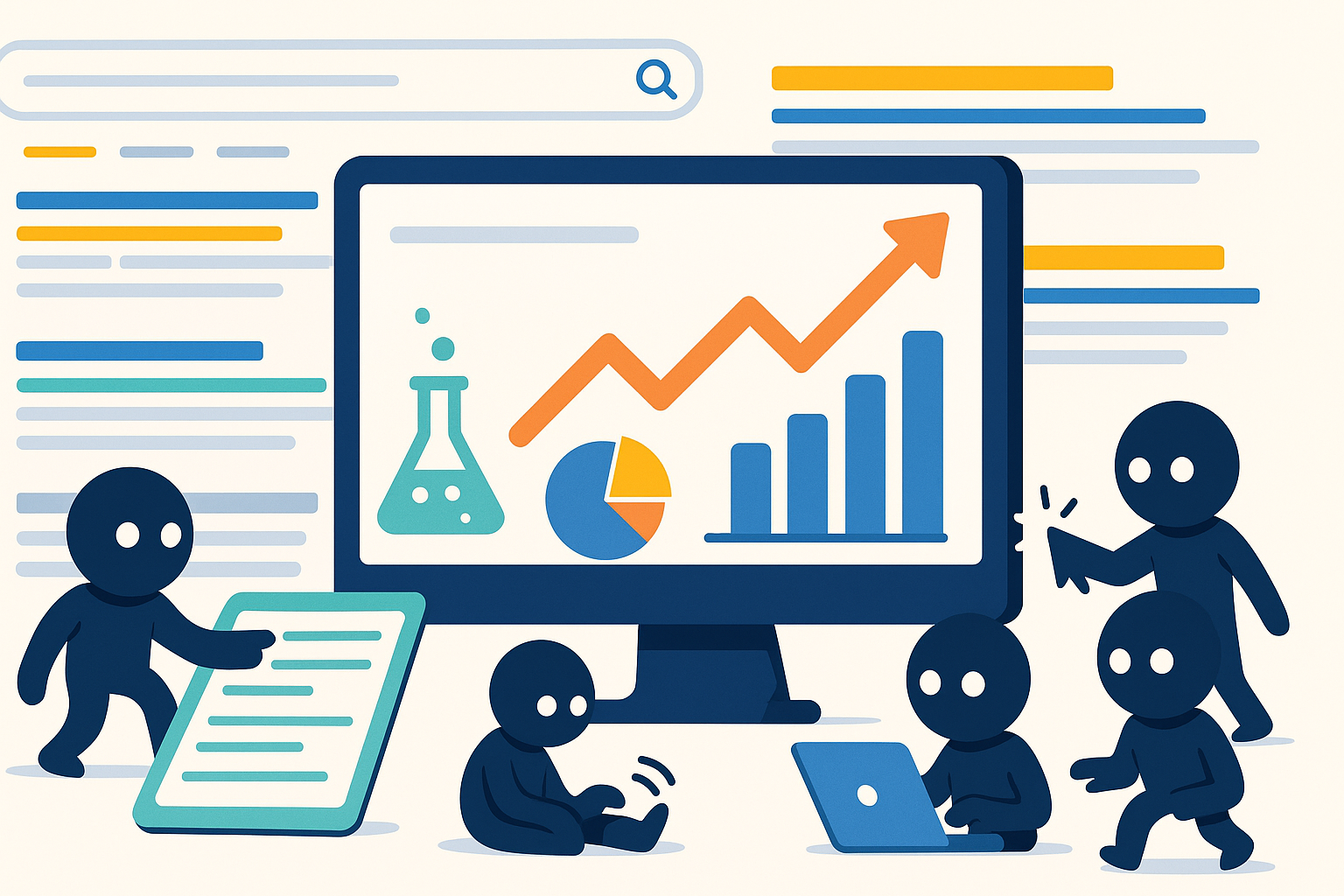 Alt text: Illustration of small characters running SEO experiments around a computer screen showing charts, graphs, and a beaker